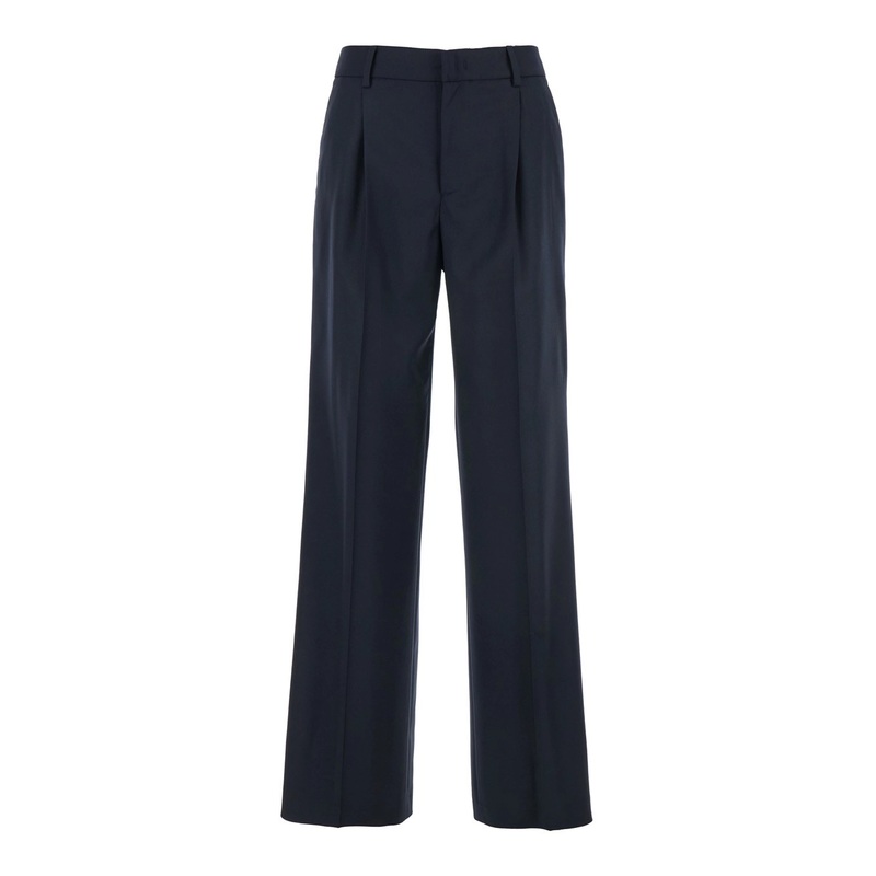 ‘Lola’ Blue Pants with High Waist and Pleated Details in Wool Stretch Woman