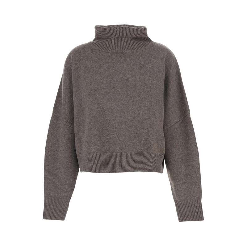 ‘Luke’ Brown Sweater with High Neck and RIbbed Trims in Wool and Cashmere Woman