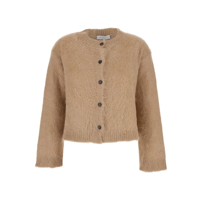 ‘Marzia’ Beige Crewneck Cardigan with Ribbed Trims in Wool Woman