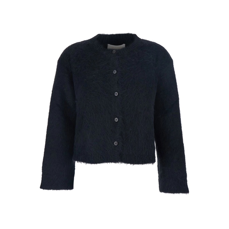 ‘Marzia’ Black Crewneck Cardigan with Ribbed Trims in Wool Woman