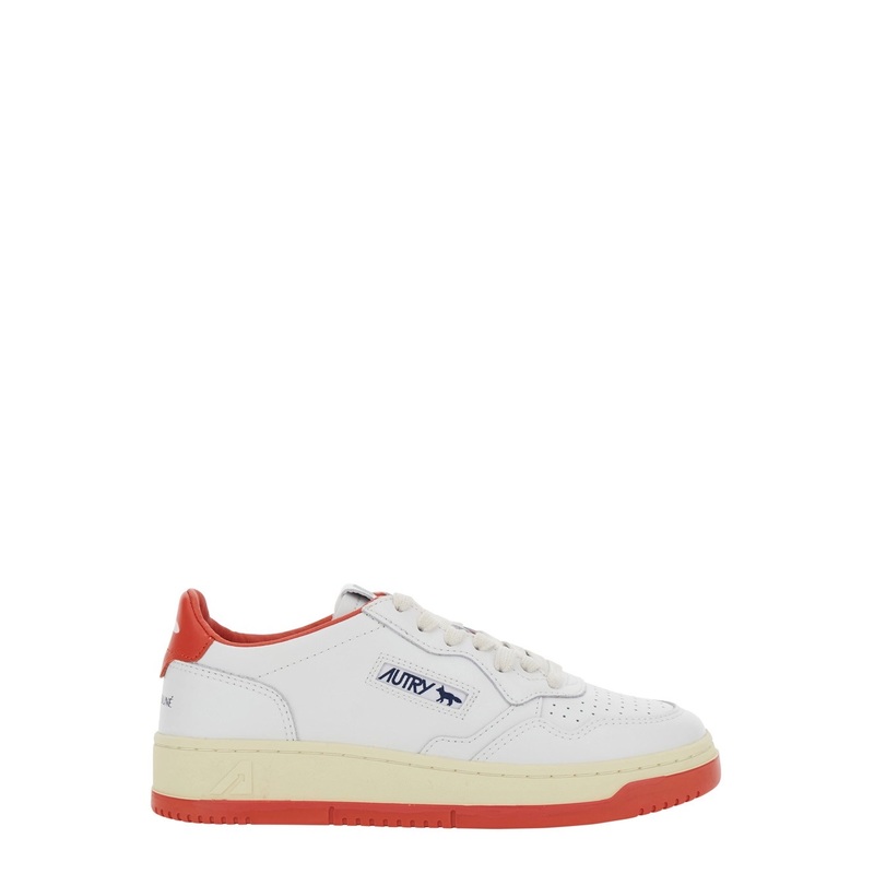 ‘Medalist Low x Maison Kitsun’ White and Red Sneaker with Side Logo and Logo Lettering on the Back in Leather Woman