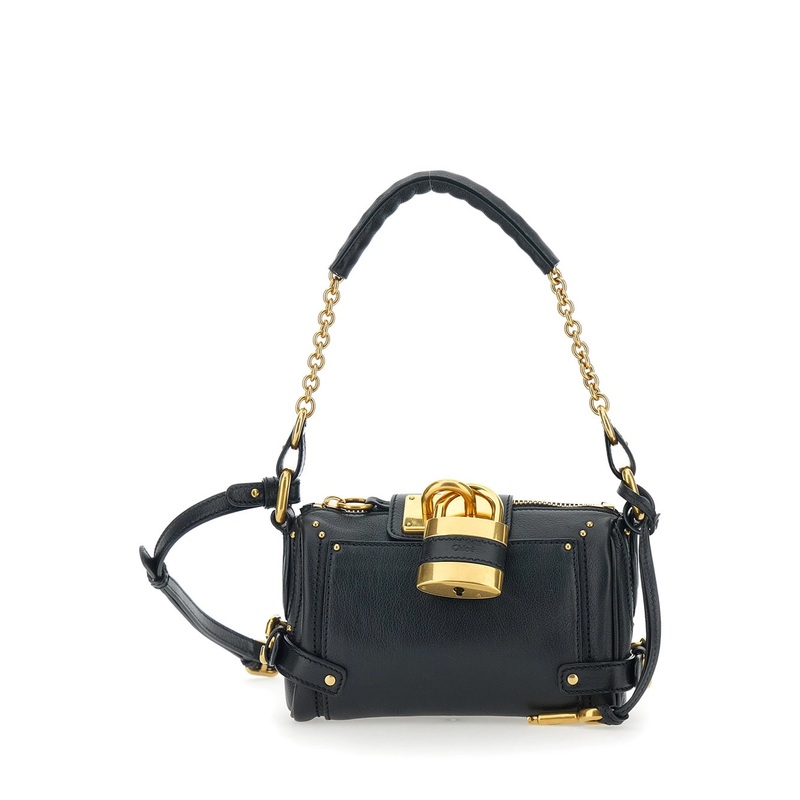 ‘Paddington’ Black Shoulder Bag with Oversized Padlock and Double Strap in Grained Leather Woman