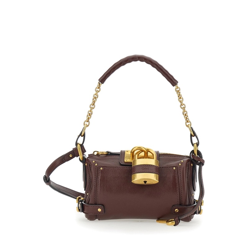 ‘Paddington’ Brown Shoulder Bag with Oversized Padlock and Double Strap in Grained Leather Woman