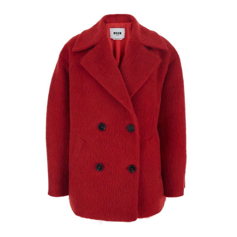 Red Double-Breasted Coat with Wide Notched Revers in Wool Blend Woman