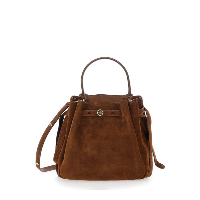‘Romy’ Brown Handbag with Adjustable and Removable Shoulder Strap and Logo Plaque on the Front in Suede Woman