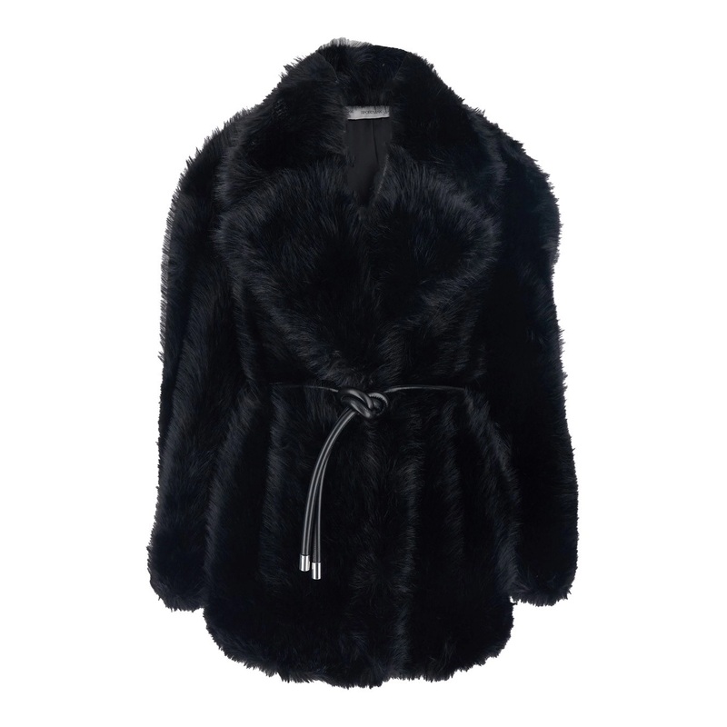 ‘Rosaria’ Black Jacket with Waist Belt in Faux Fur Woman