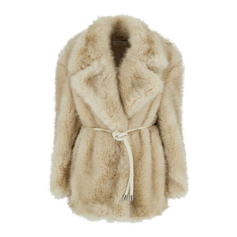 ‘Rosaria’ White Jacket with Wide Notched Revers and Belt in Ecofur Woman