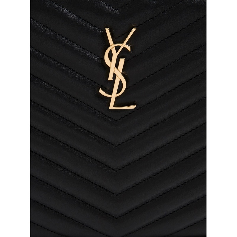 Saint Laurent Woman’s Black Chevron Leather Monogram Handbag with Logo