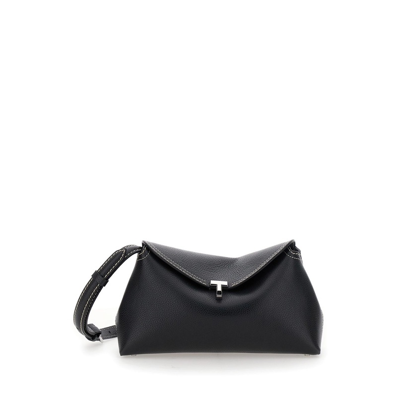 ‘T-Lock’ Black Crossbody Bag with Twist Lock Closure in Hammered Leather Woman