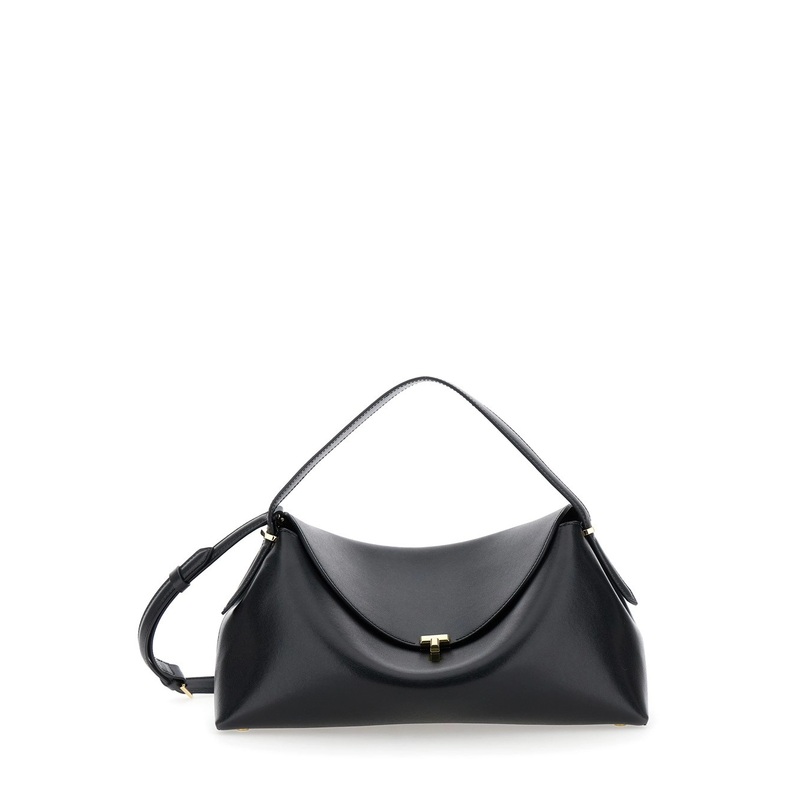 ‘T-Lock’ Black  Handbag with Shoulder Strap and T-Closure in Grained Leather Woman