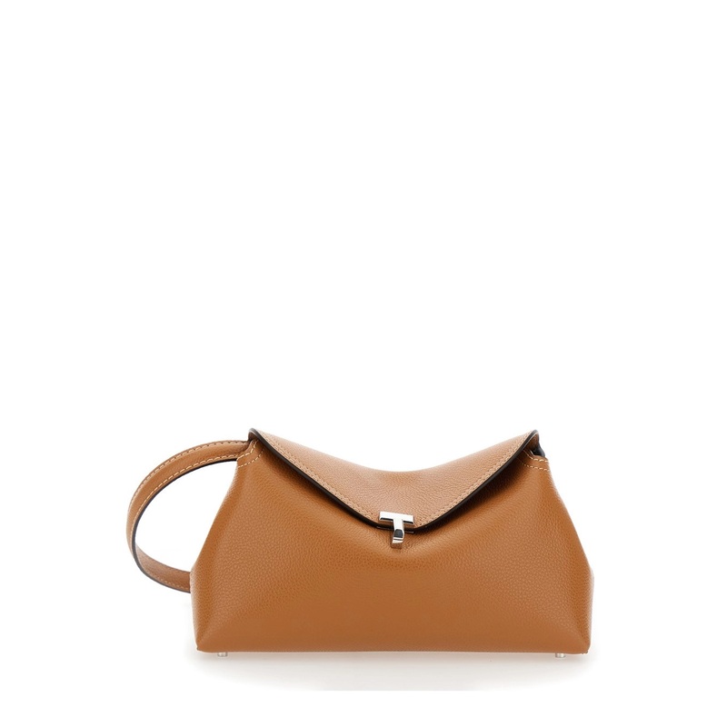 ‘T-Lock’ Brown Crossbody Bag with Twist Lock Closure in Hammered Leather Woman