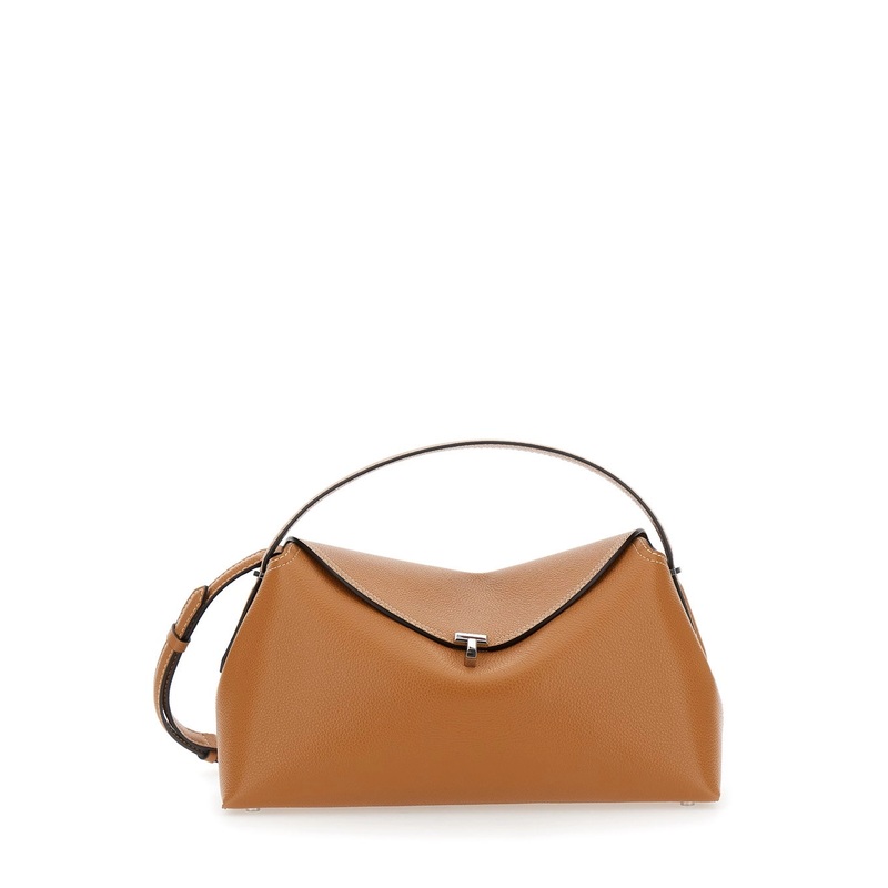 ‘T-Lock’ Brown Handbag with Removable Shoulder Strap in Graned Leather Woman