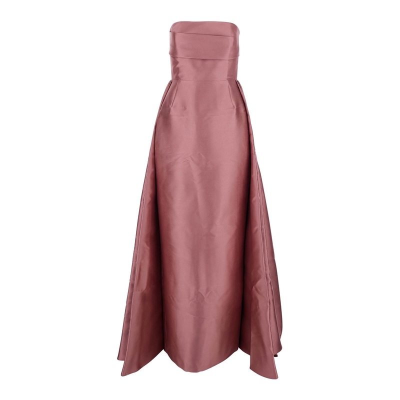 ‘Tiffany’ Pink Long Dress with Draped Details and Flared Skirt in Twill Woman