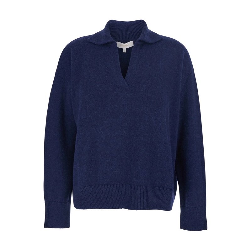 ‘Vinivio’ Blue Sweater with V Neck and Ribbed Trims in Wool Woman