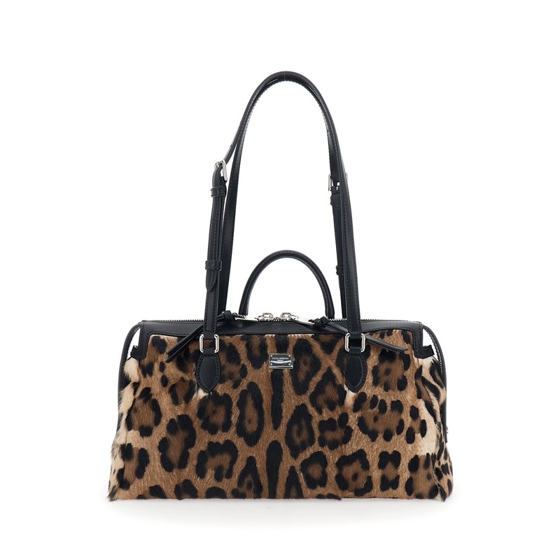 ‘Vittoria’ Brown Handbag with Logo Plaque on the Front and All-Over Leopard Motif in Leather Woman