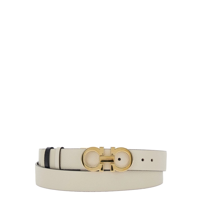 White Belt with Gancini Buckle with Logo Lettering in Leather Woman