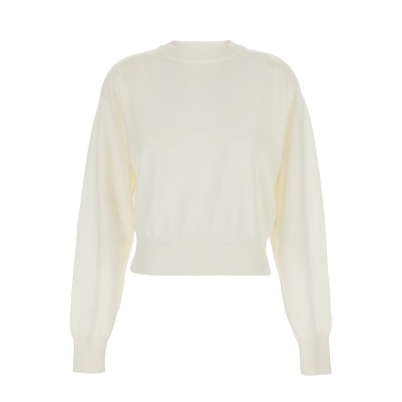 White Crew Neck Sweater with Back Logo in Merino Wool Woman
