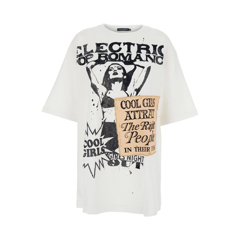 White Crew Neck T-Shirt with Maxi Print on the Front in Cotton Woman