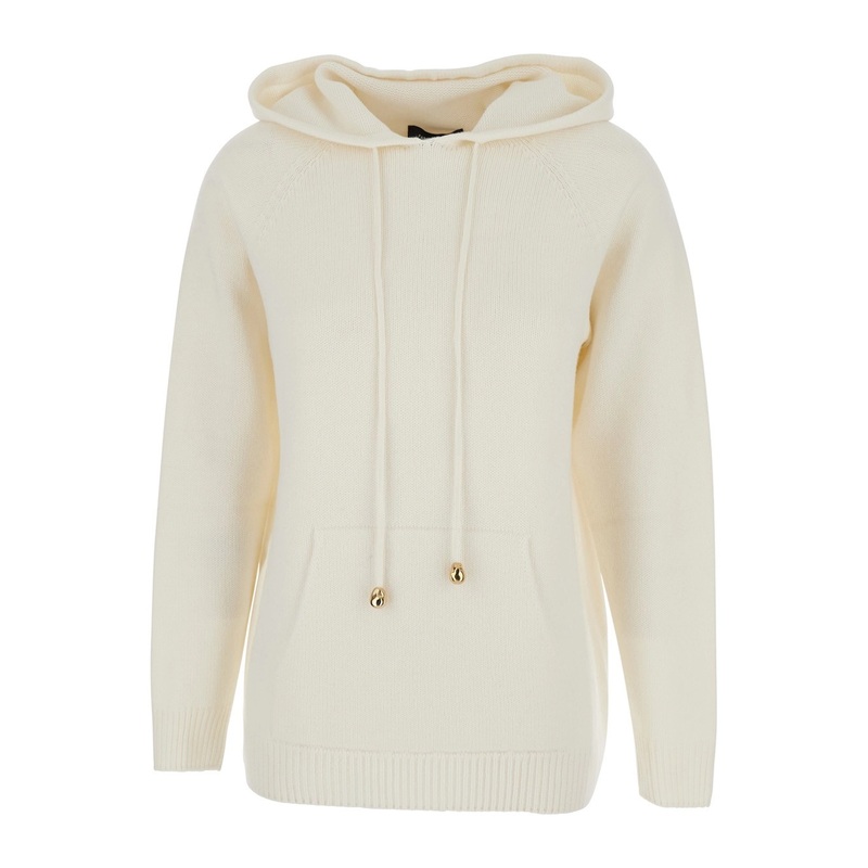 White Hoodie with Drawstring Hood in Wool Blend Woman