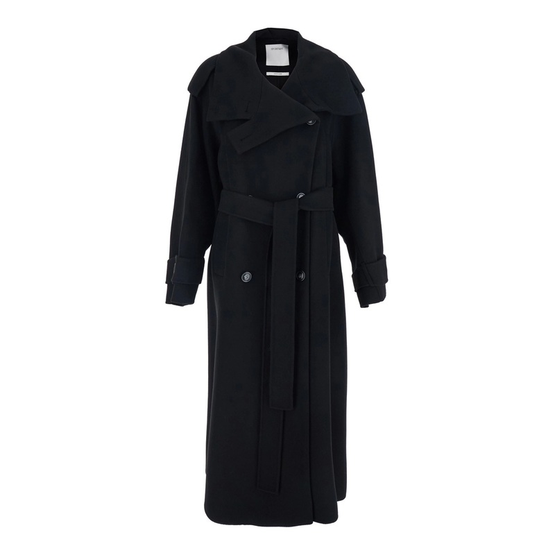‘Yole’ Black Double-Breasted Coat with Wide Lapels and Waist Belt in Wool Woman