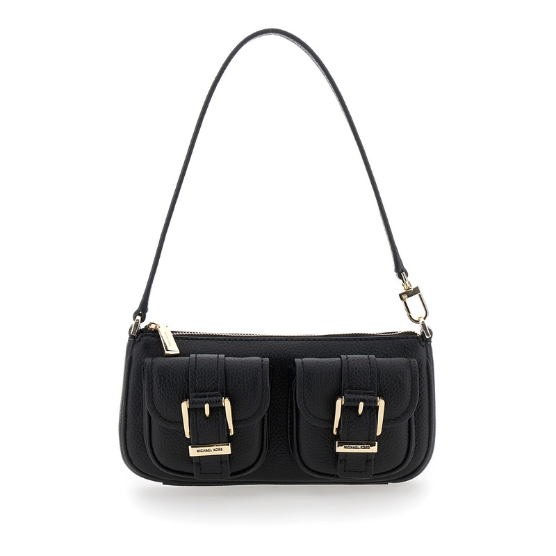 ‘Zoe’ Black Shoulder Bag with Pockets and Straps on the Front in Hammered Leather Woman