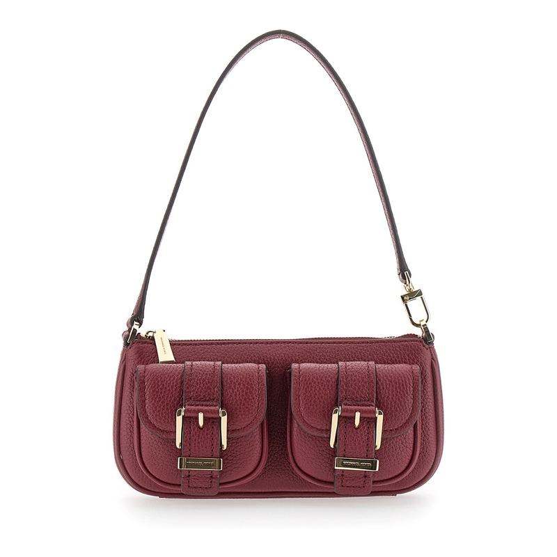 ‘Zoe’ Bordeaux Shoulder Bag with Two Patch Pockets on the Front in Grained Leather Woman