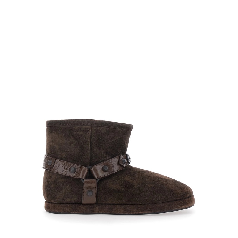 ‘Alaska’ Brown Ankle Boots with Leather Belt and Logo Lettering on the Rear in Suede Woman