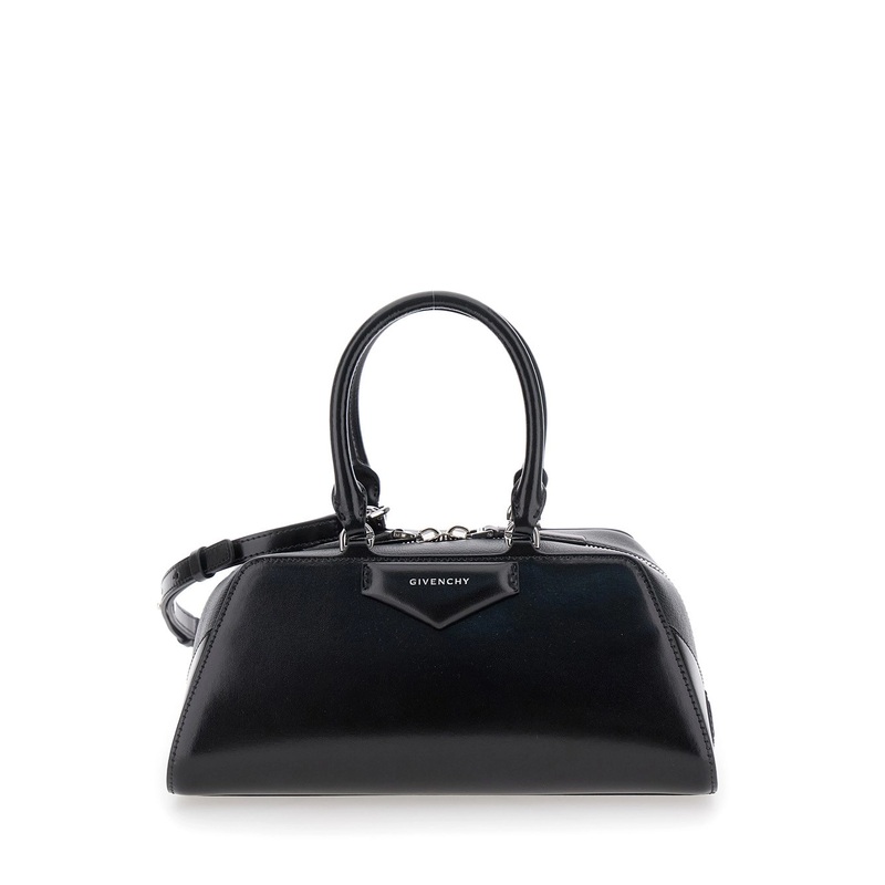 ‘Antigona East West’ Black Small Handbag with Adjustable and Removable Shoulder Strap and Logo Lettering on the Front in Leather Woman
