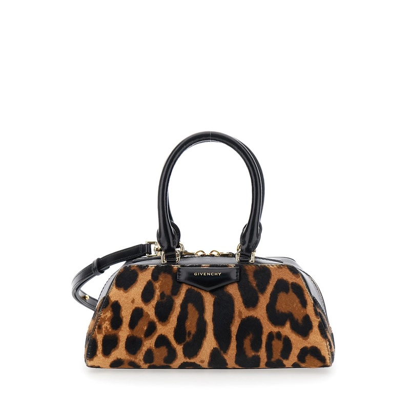 ‘Antigona East West’ Brown Mini Handbag with Animalier Print and Logo Lettering on the Front in Leather Woman