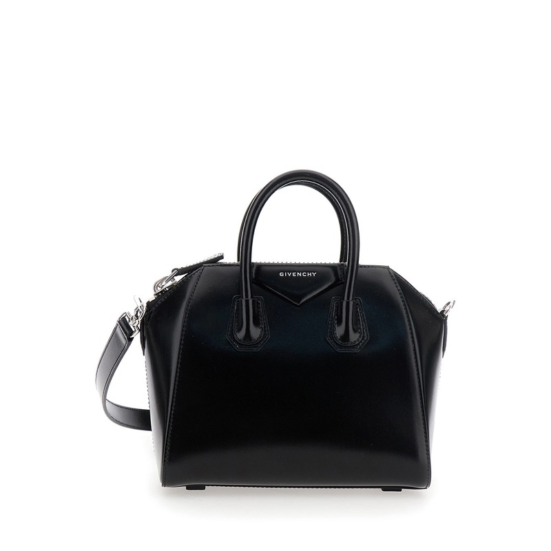 ‘Antigona Small’ Black Handbag with Laminated Logo in Hammered Leather Woman