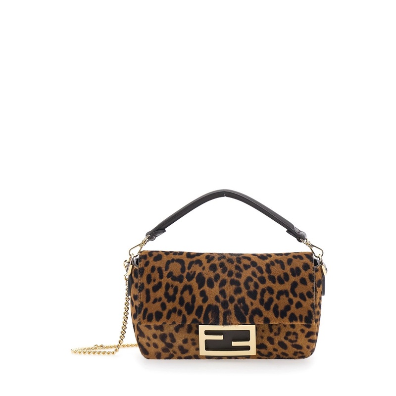 ‘Baguette’ Brown Handbag with Removable Chain Shoulder Strap and All-Over Leopard Motif in Leather Woman