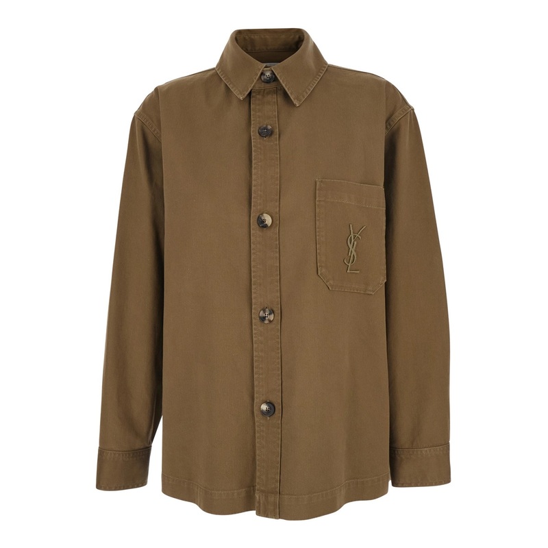 Beige Shirt with Classic Collar and Cassandre Logo Embroidered on the Front IN Cotton and Linen Gabardine Woman