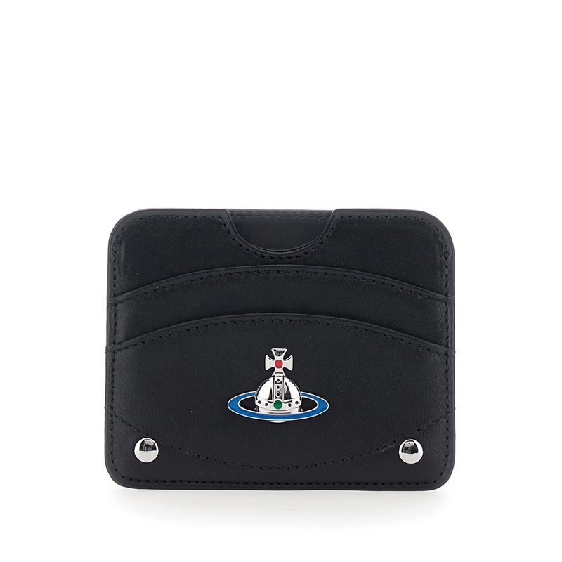 Black Card Holder with Orb Detail on the Front and Stud Embellishments on the Front in Leather Woman