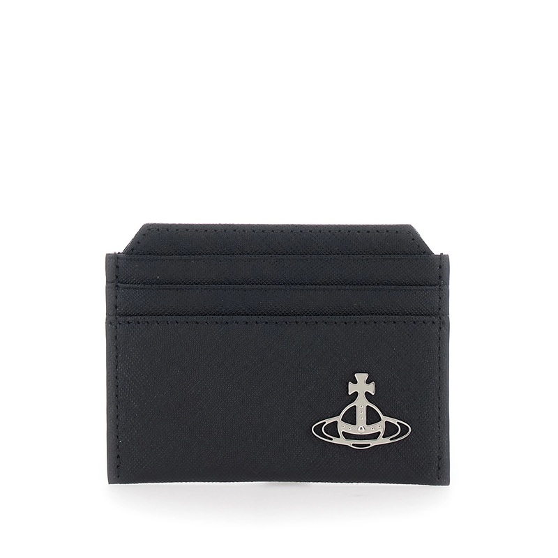 Black Card Holder with Orb Detail on the Front in Grained Leather Woman
