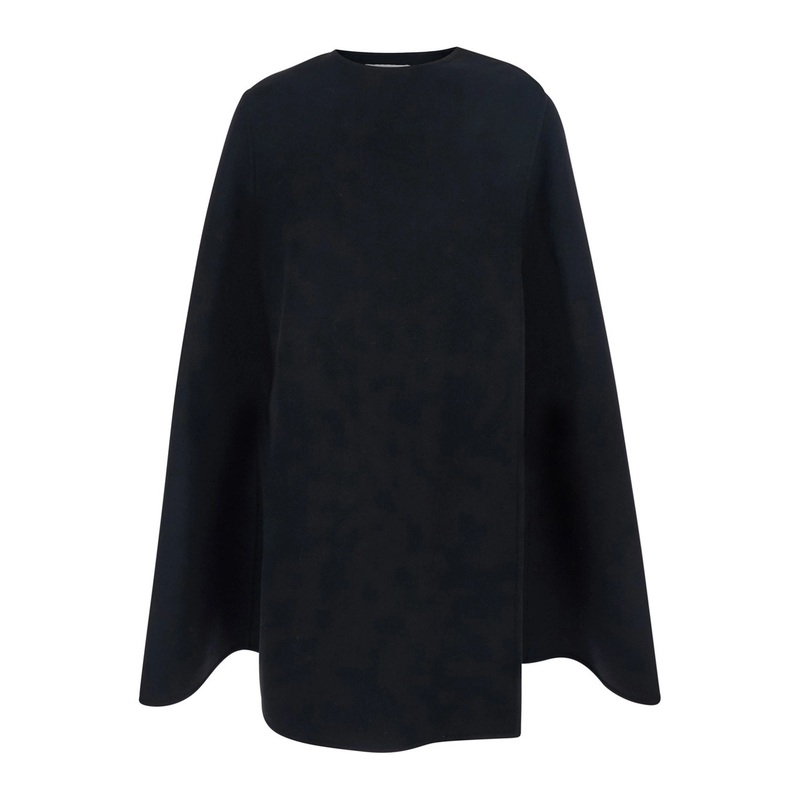 Black Crewneck Cape with Shoulder Pads and Slip-On Design in Wool Blend Woman