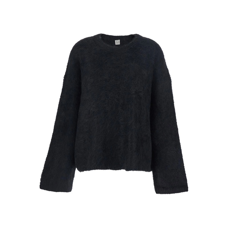 Black Crewneck Sweater with Wide Long Sleeves and Ribbed Trims in Wool Blend Woman