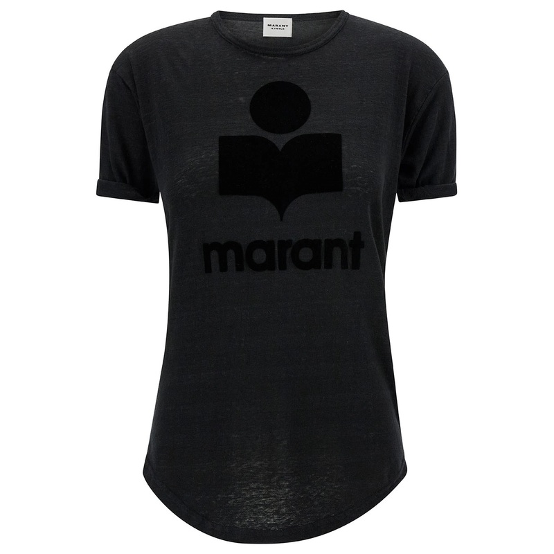 Black Crewneck T-Shirt with Tonal Logo Print in Linen Woman