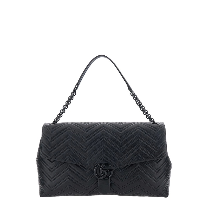 Black Crossbody Bag with Sliding Chain-Link Shoulder Strap and GG Plaque Closure on the Front in Leather Woman