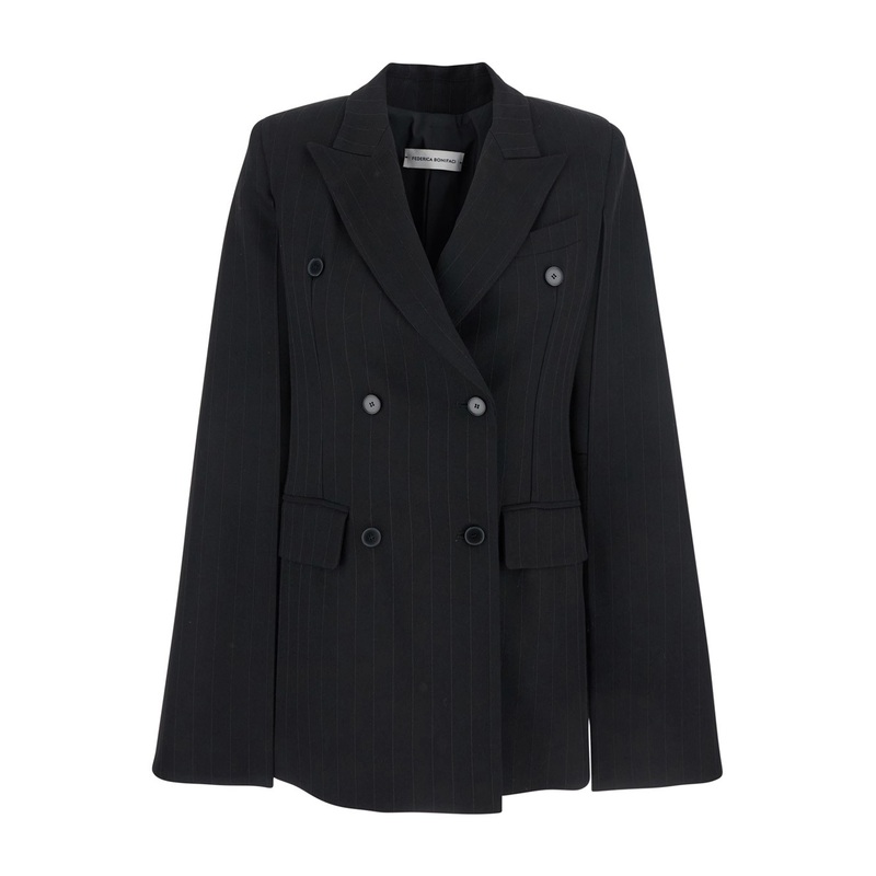 Black Double-Breasted Coat with Peak Revers and All Over Stripes Motif in Fabric Woman