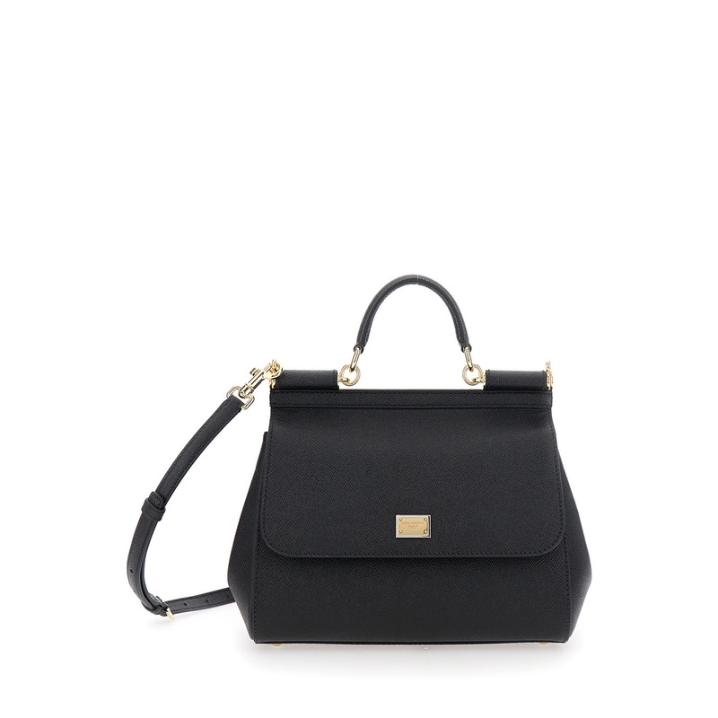 Black Handbag with Adjustable and Removable Shoulder Strap and Logo Plaque on the Front in Grained Leather Woman