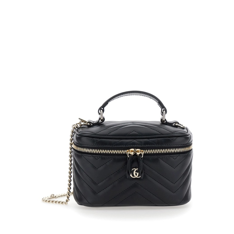 Black Handbag with Chain-Link Shoulder Strap and GG Plaque on the Front in Leather Woman