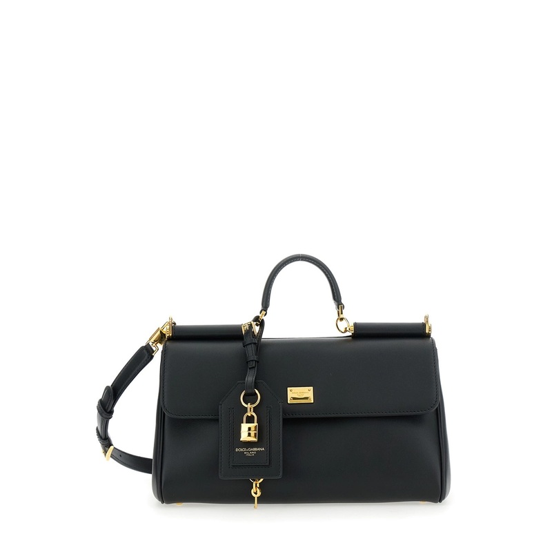 Black Handbag with Padlock Detail and Adjustable and Removable Shoulder Strap in Leather Woman