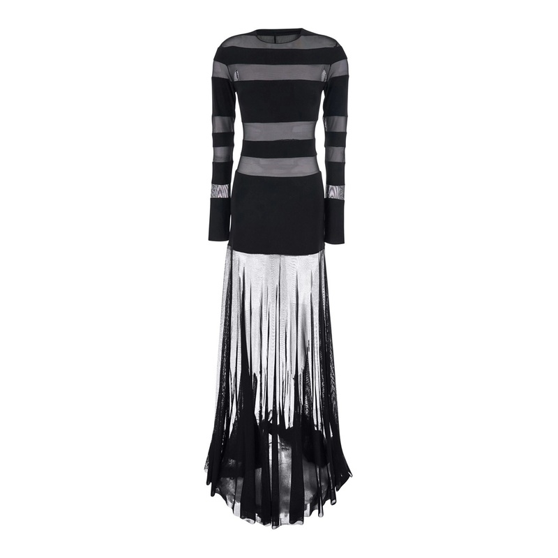 Black Long Dress with Semi-Sheer Design and Flared Skirt in Tech Fabric Woman