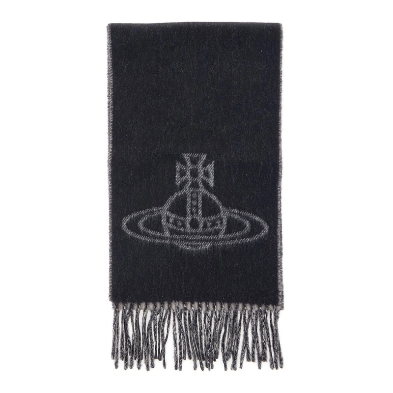 Black Scarf with Fringed Hem and Orb Embroidery on the Front in Wool Unisex