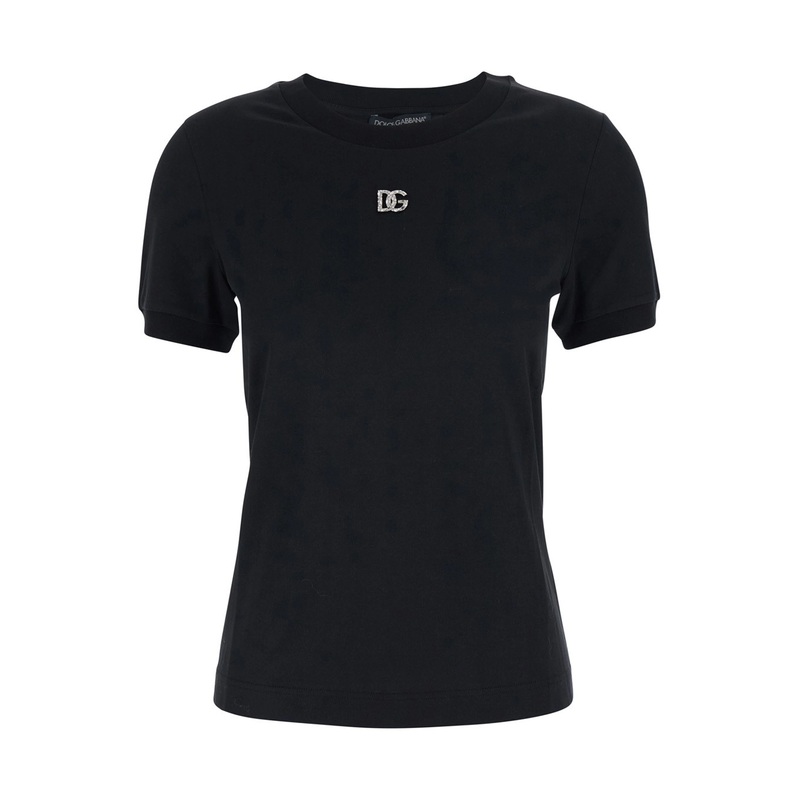 Black T-Shirt with Logo Decorated with Crystals on the Front in Cotton Woman