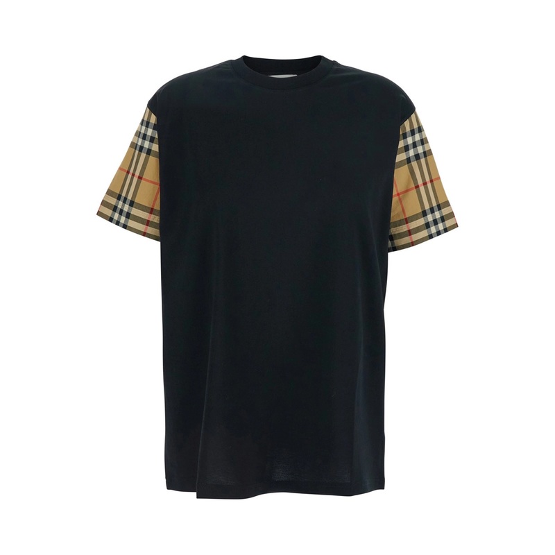 Black T-Shirt with Vintage Check Motif on the Sleeves in Cotton Woman