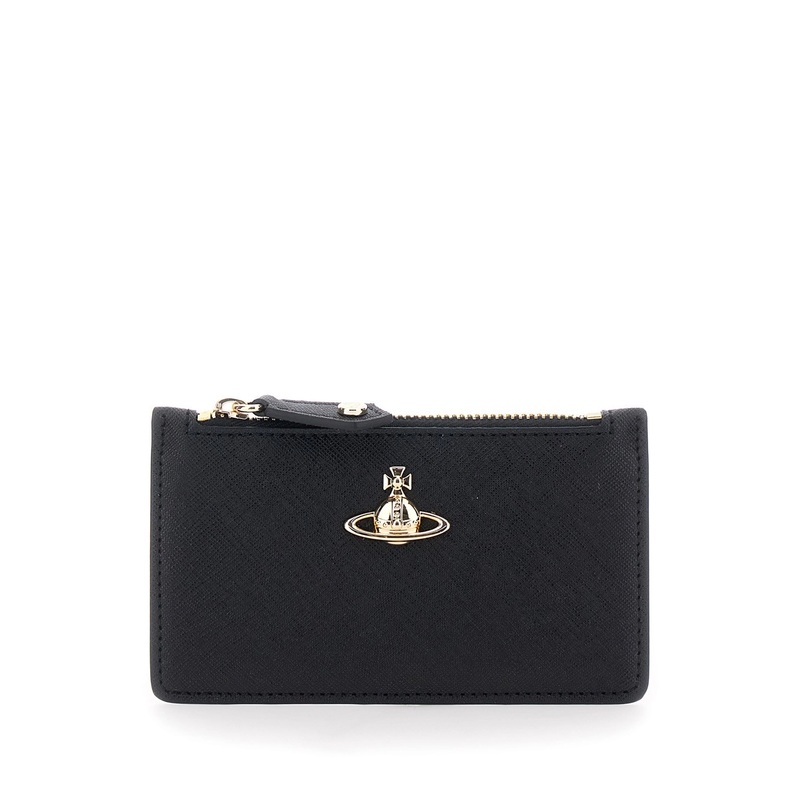 Black Wallet with Orb Detail on the Front and Top Zip Closure in Ecoleather Woman