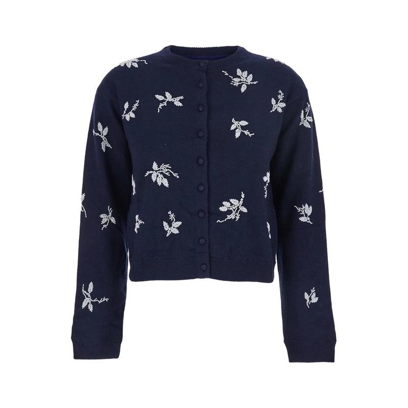 Blue Crew Neck Cardigan with Floral Embroidery in Cotton Blend Woman