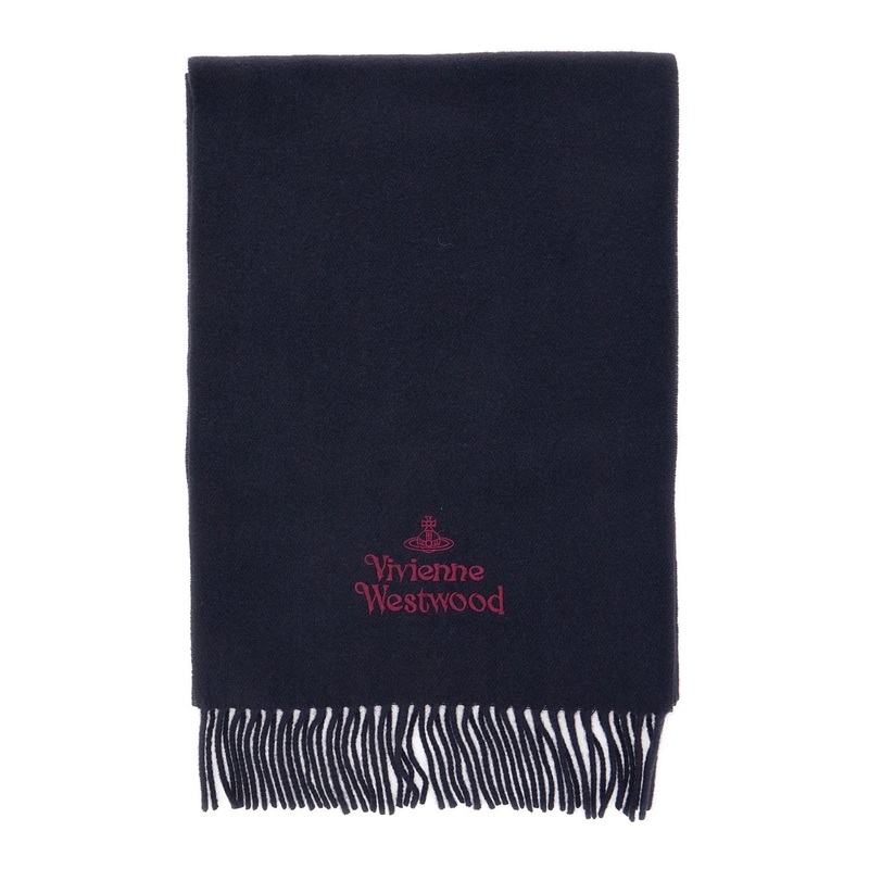 Blue Scarf with Fringed Hem and Orb Embroidery on the Front in Wool Unisex