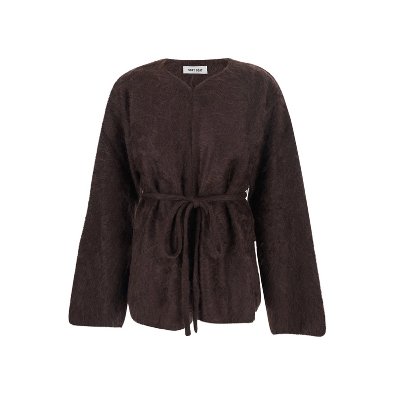 Brown Cardigan with V Neck and Front Belt Closure in Cashmere Woman